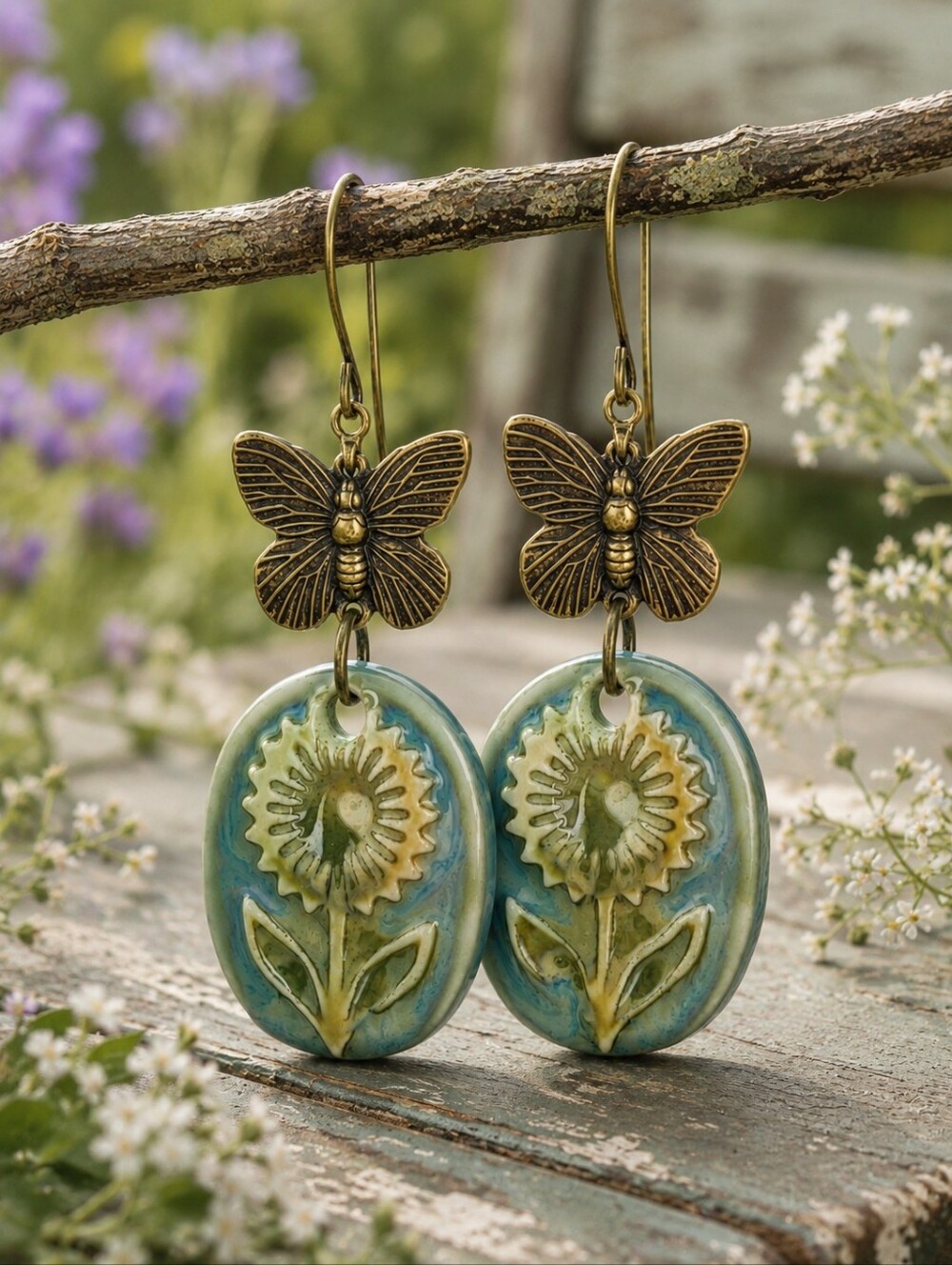 Butterfly Flower Earrings Ceramic Cottage Garden Artisan Hand Crafted